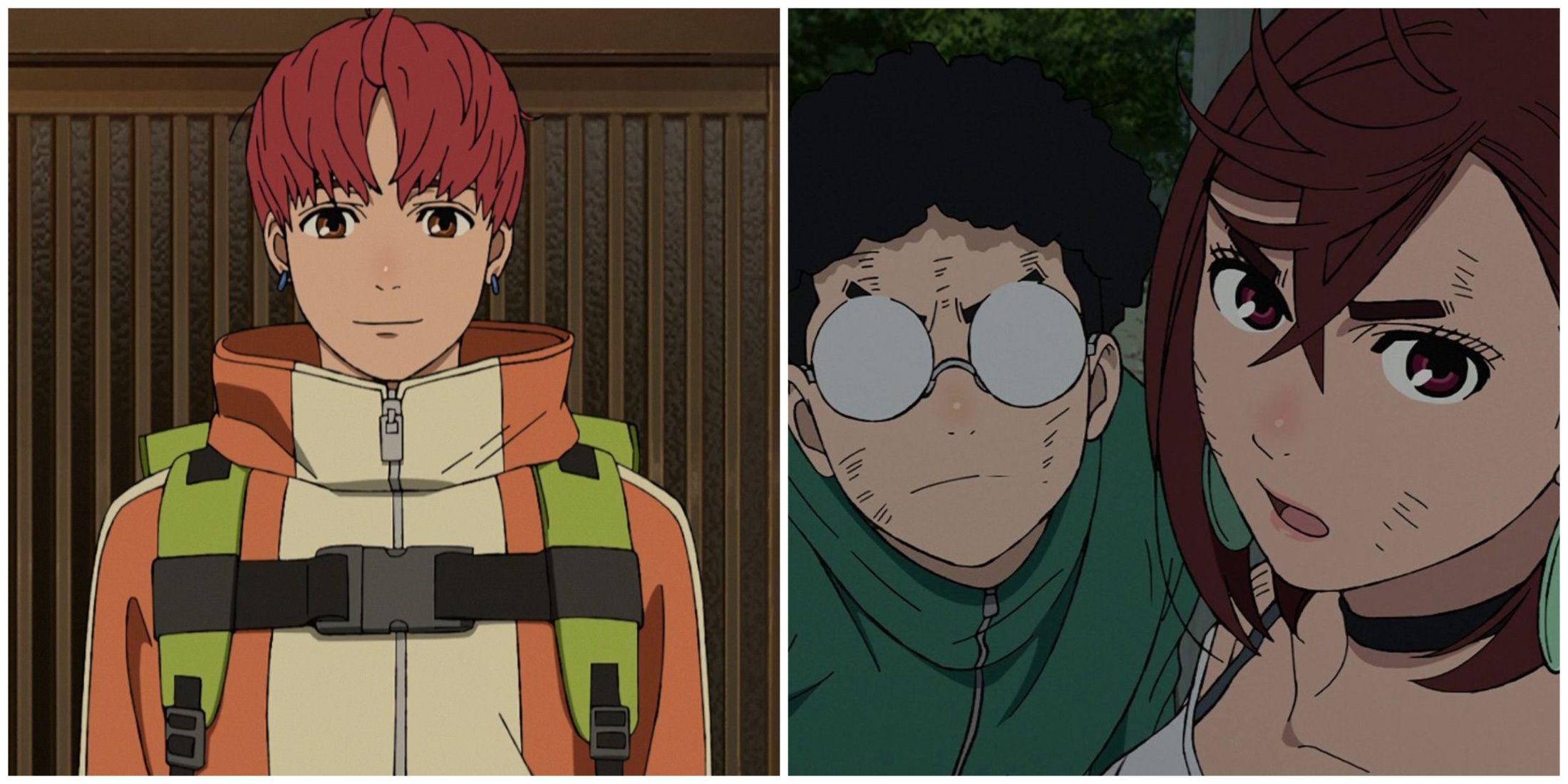 Split image of Jiji and Okarun and Momo in Dandadan