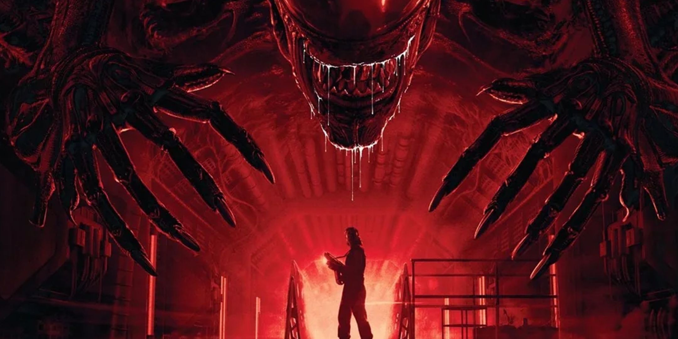 A young woman holds a pulse rifle up against a red backdrop, all while a terrifying drooling monster looks down from above her.