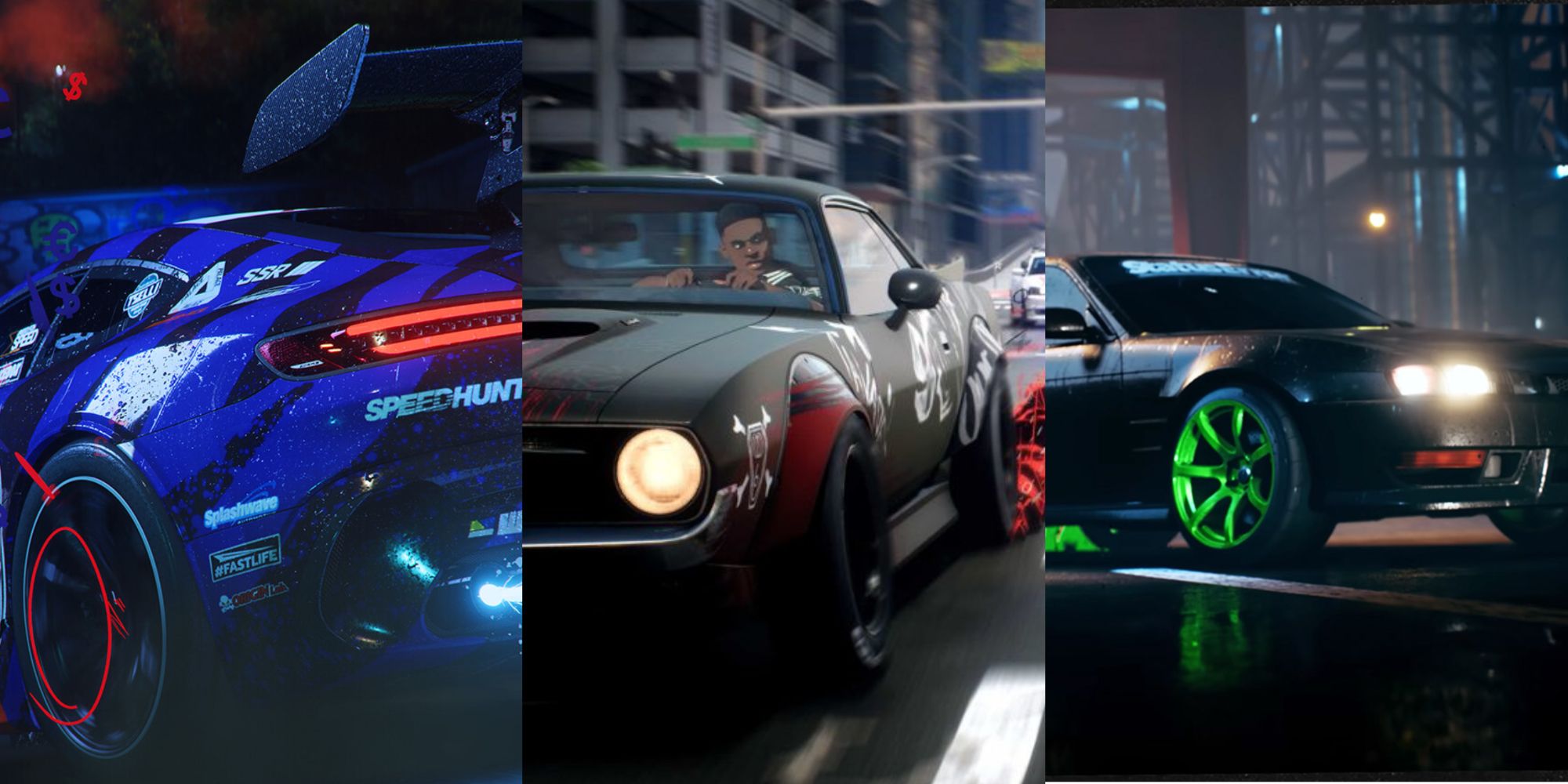 Need For Speed Unbound split image showing three different cars