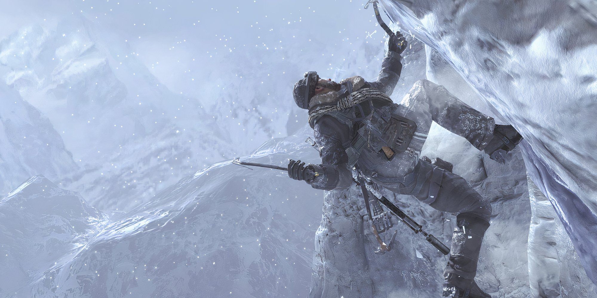 Image from Modern Warfare 2 showing Soap climbing a vertical icy cliff.