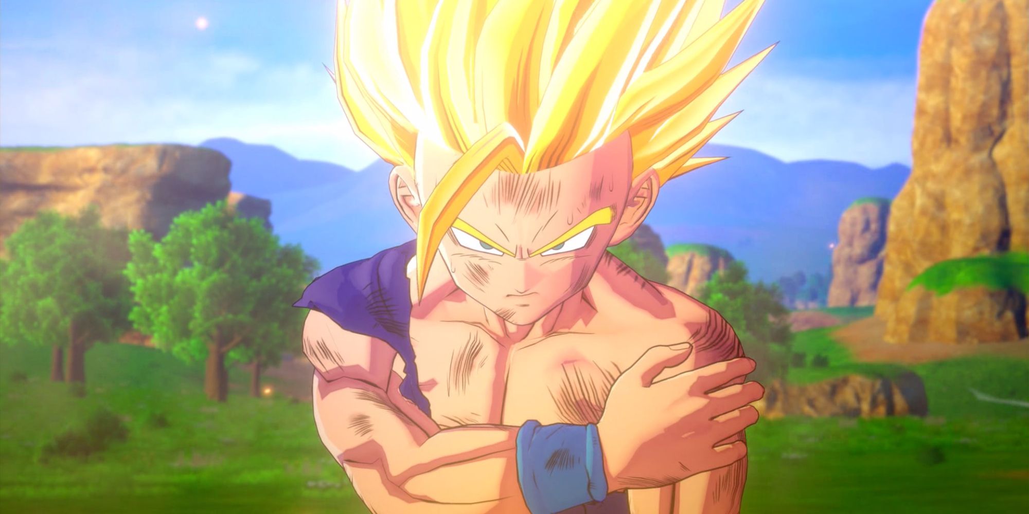 A close up of Gohan from Dragon Ball Kakarot holding his injured shoulder with grassy plains and mountains in the background.