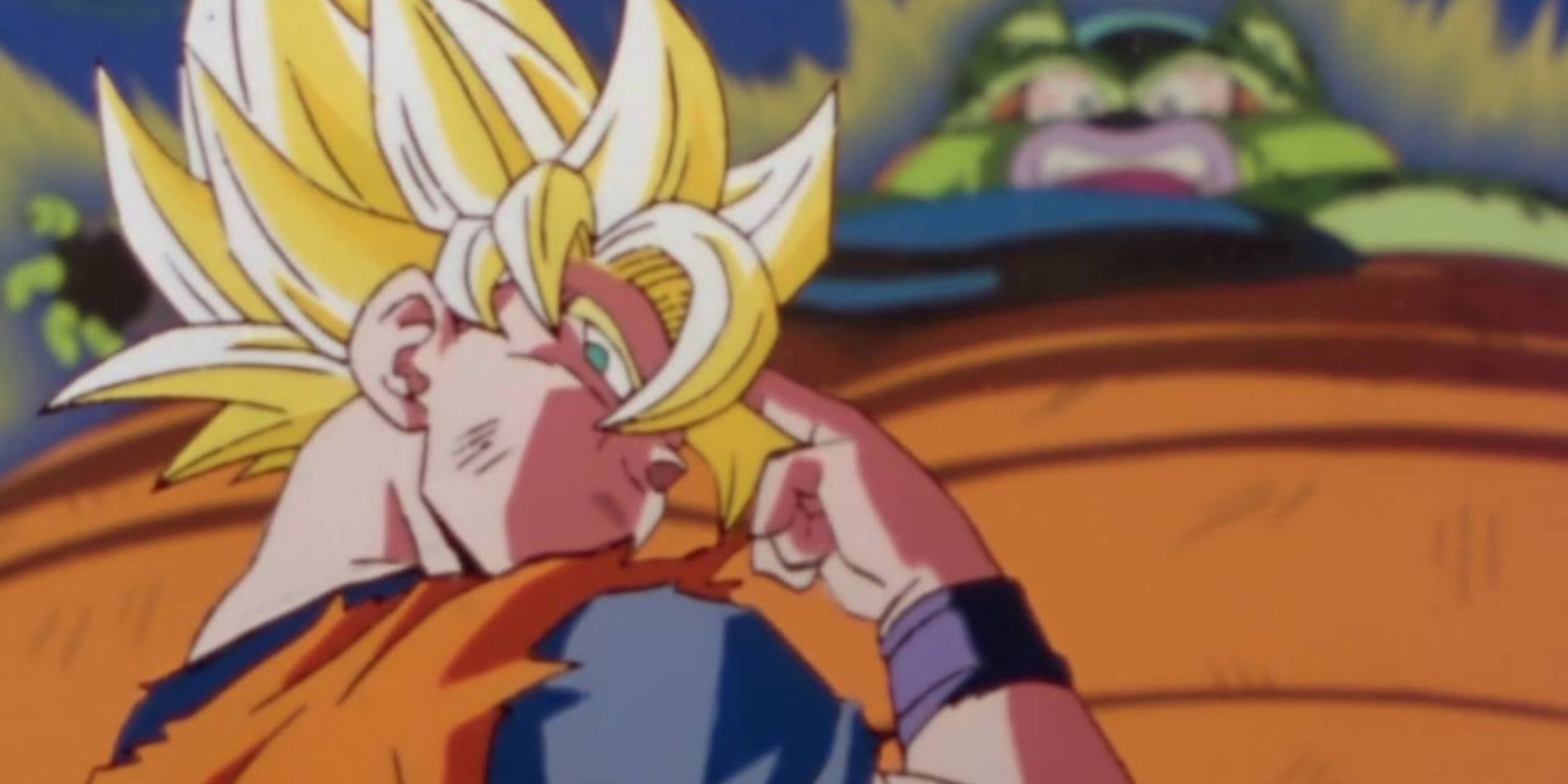 Dragon Ball Z screenshot of Goku looking back while about to use Instant Transmission. Cell is behind him, looking terrified.