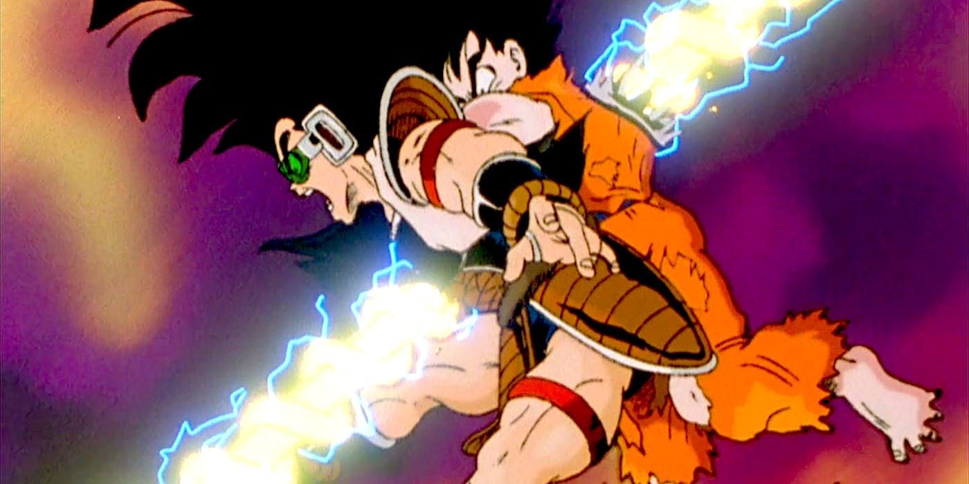 Dragon Ball Z screenshot of Goku holding onto Raditz as they both get blasted by the Special Beam Cannon.