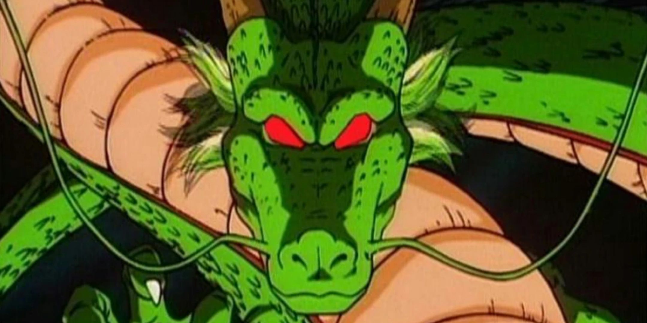 Shenron, the green dragon summoned from the Dragon Balls. He resembles a green Chinese dragon with red eyes and long whiskers.