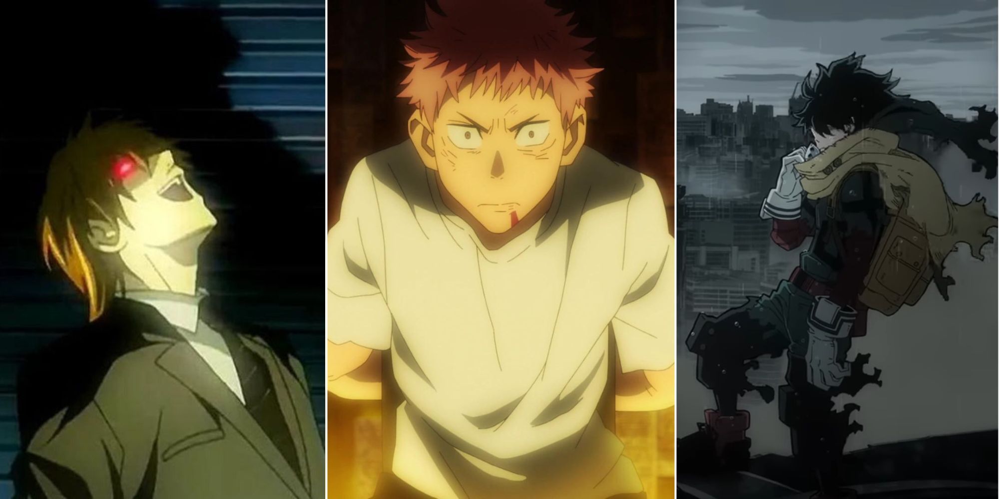 Split image of light yagami from death note, yuji itadori from jujutsu kaisen and deku from my hero academia