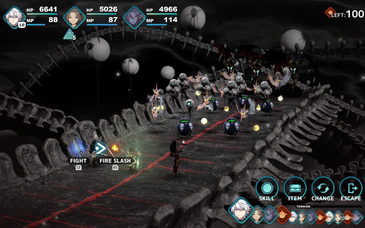 The party in a battle against 100 enemies in the wormhole in fantasian neo dimension.