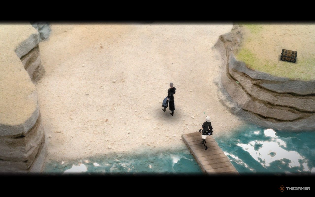 Tan and Leo stepping onto the beach of the nameless island in fantasian neo dimension.