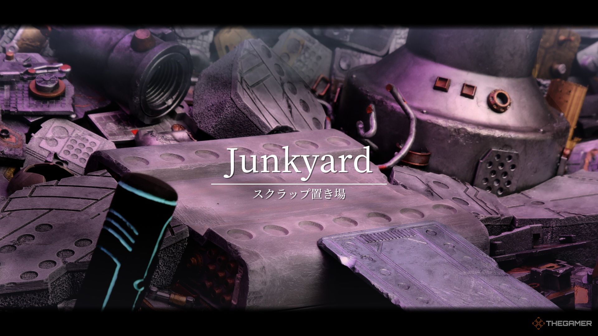 The intro title for the Junkyard in the Machine Realm, with piles of metal and machine parts in the background.