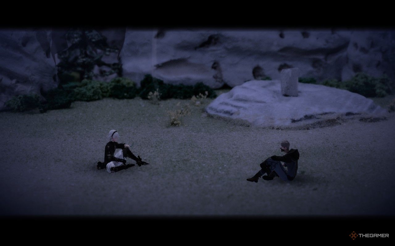 Leo and Tan sitting together by Carmina's grave in fantasian neo dimension.