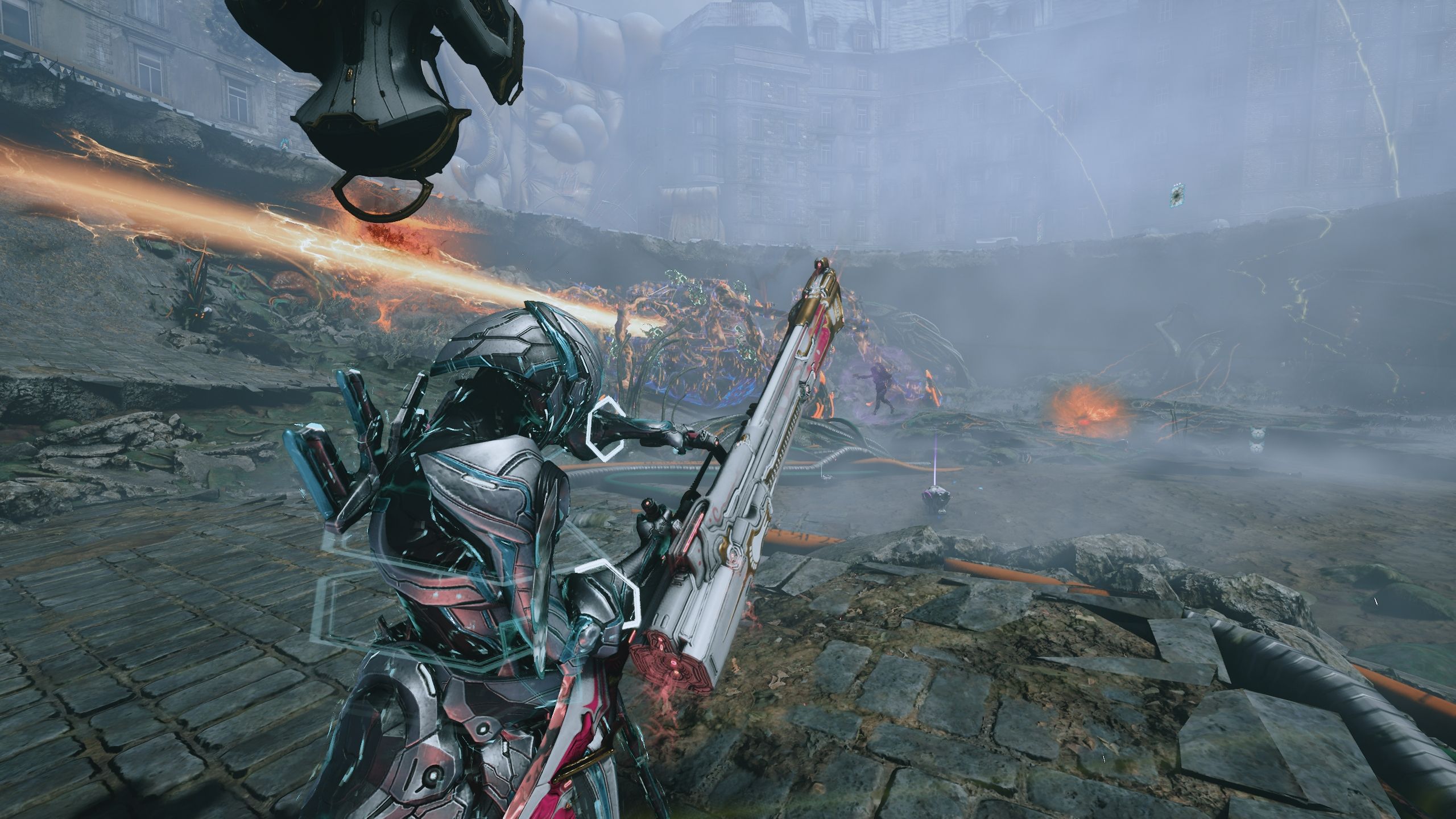 Trinity wielding a Mausolon weapon against the H-09 Apex in Warframe.