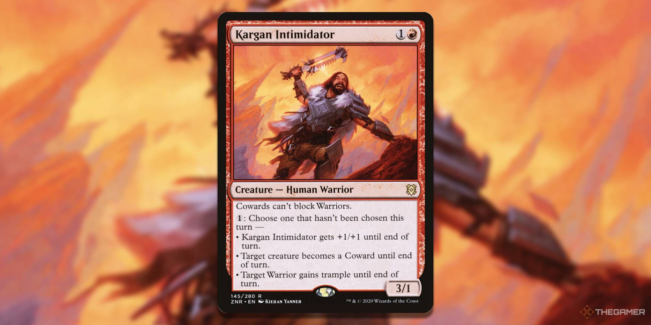 MTG Kargan Intimidator card with the art in the background.