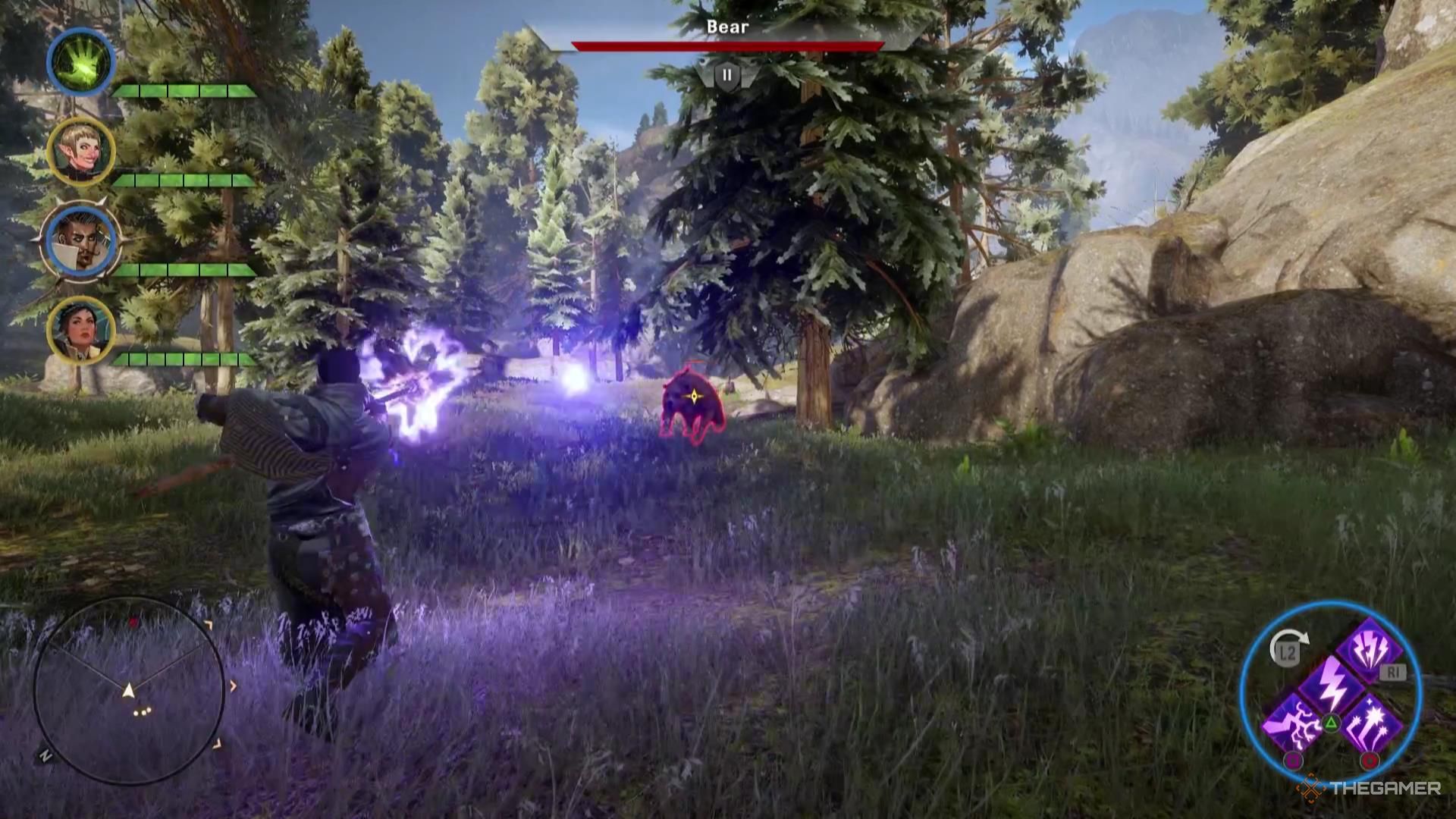 Dorian launching basic attacks at a bear in Dragon Age: Inquisition.