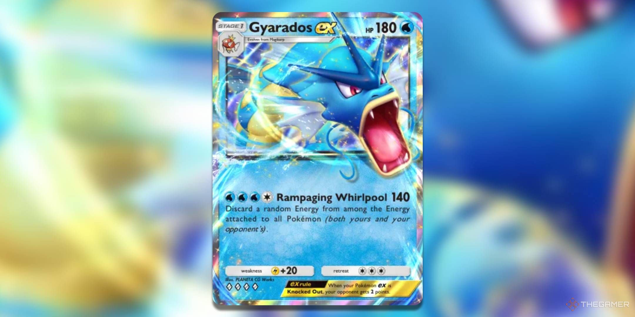 Gyarados ex in Pokemon TCG Pocket with background.