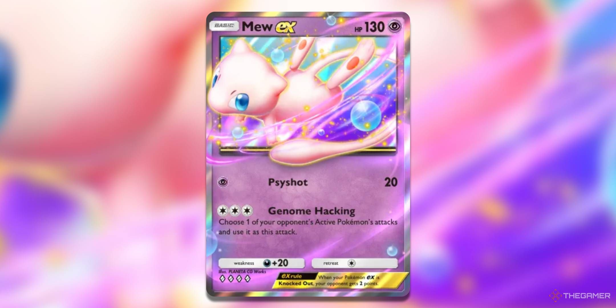 Mew ex in Pokemon TCG with background.