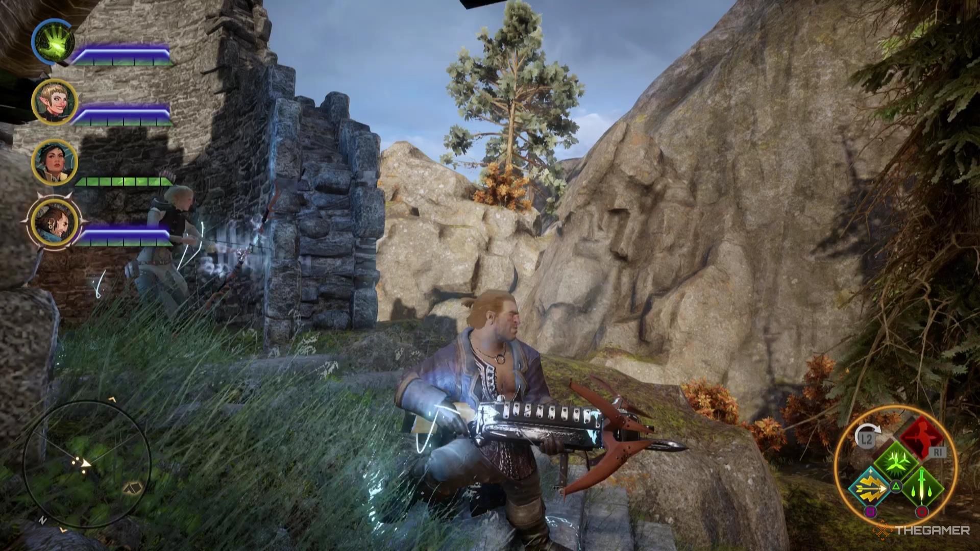 Varric wields his crossbow, Bianca in Dragon Age: Inquisition.