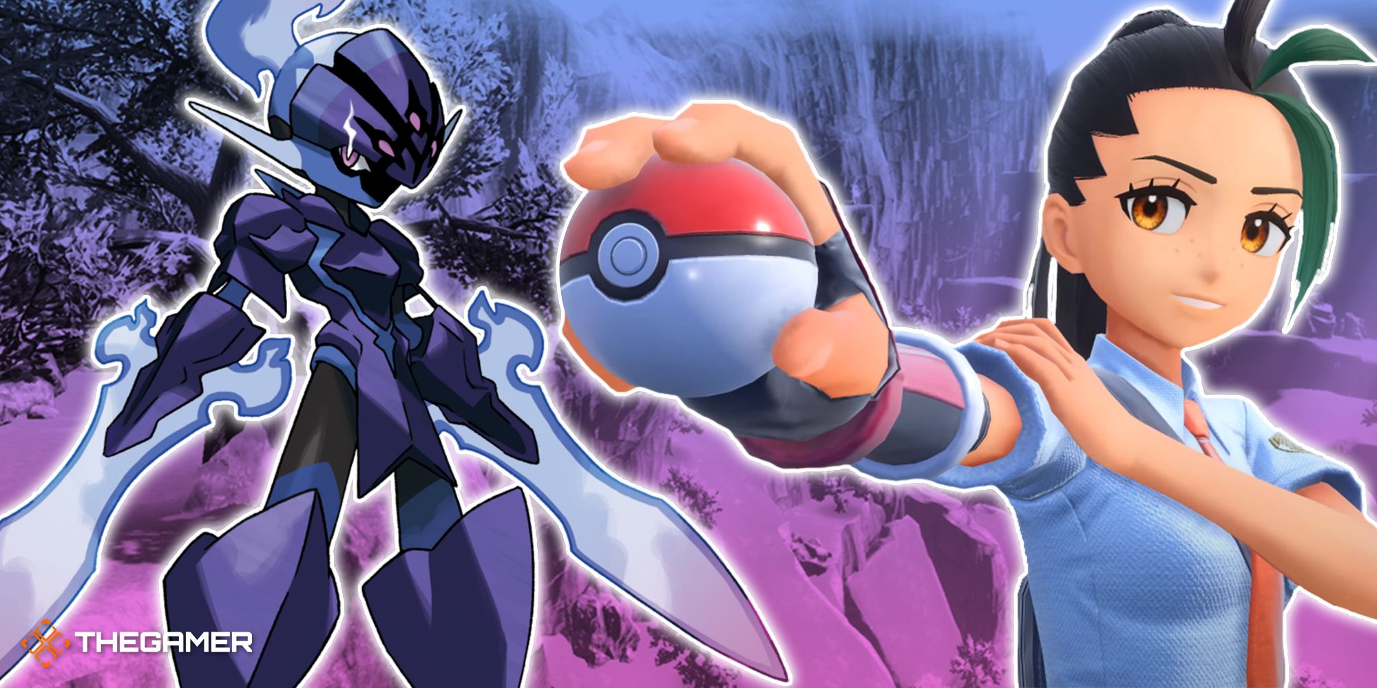 Art featuring Nemona holding a pokeball and Ceruledge in Scarlet and Violet.