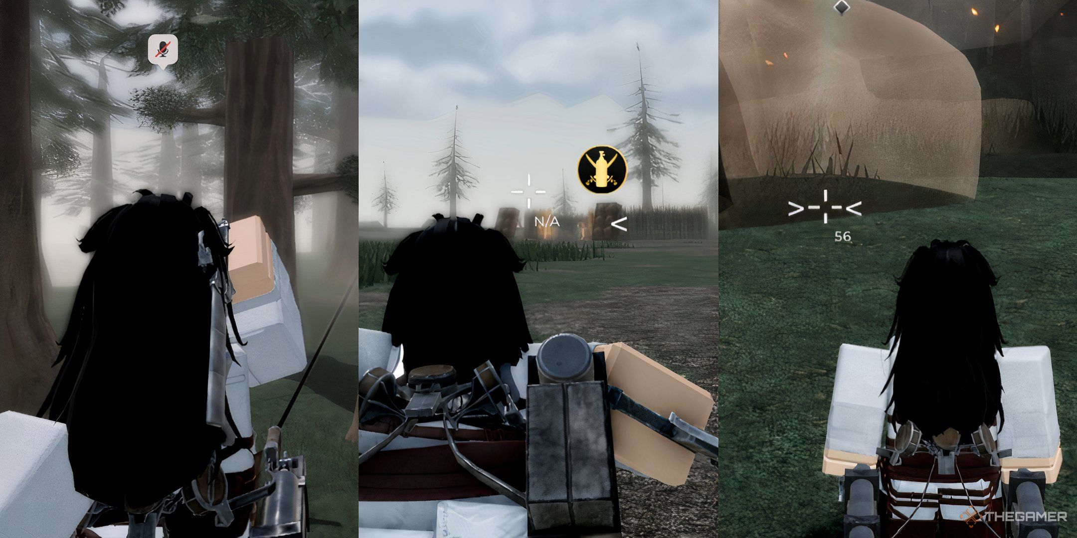 A player in Roblox Attack on Titan Revolution using ODM gear, running, and looking at a defeated titan.