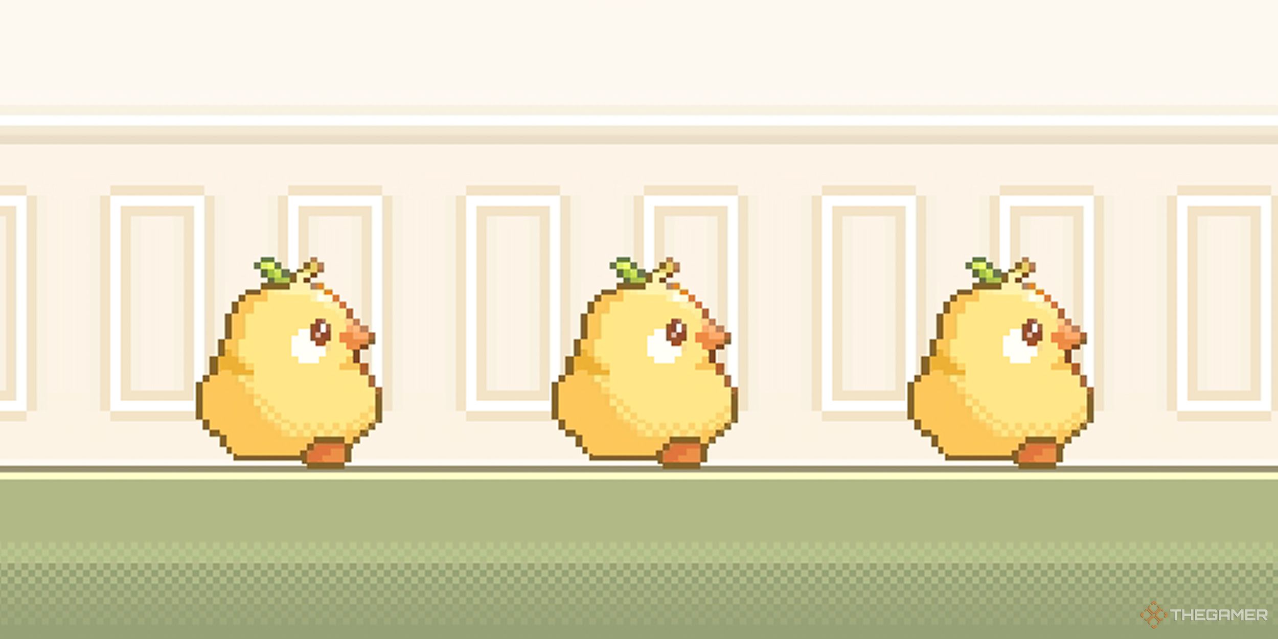 Three pixel Pear-Pals marching across the ground to the right.