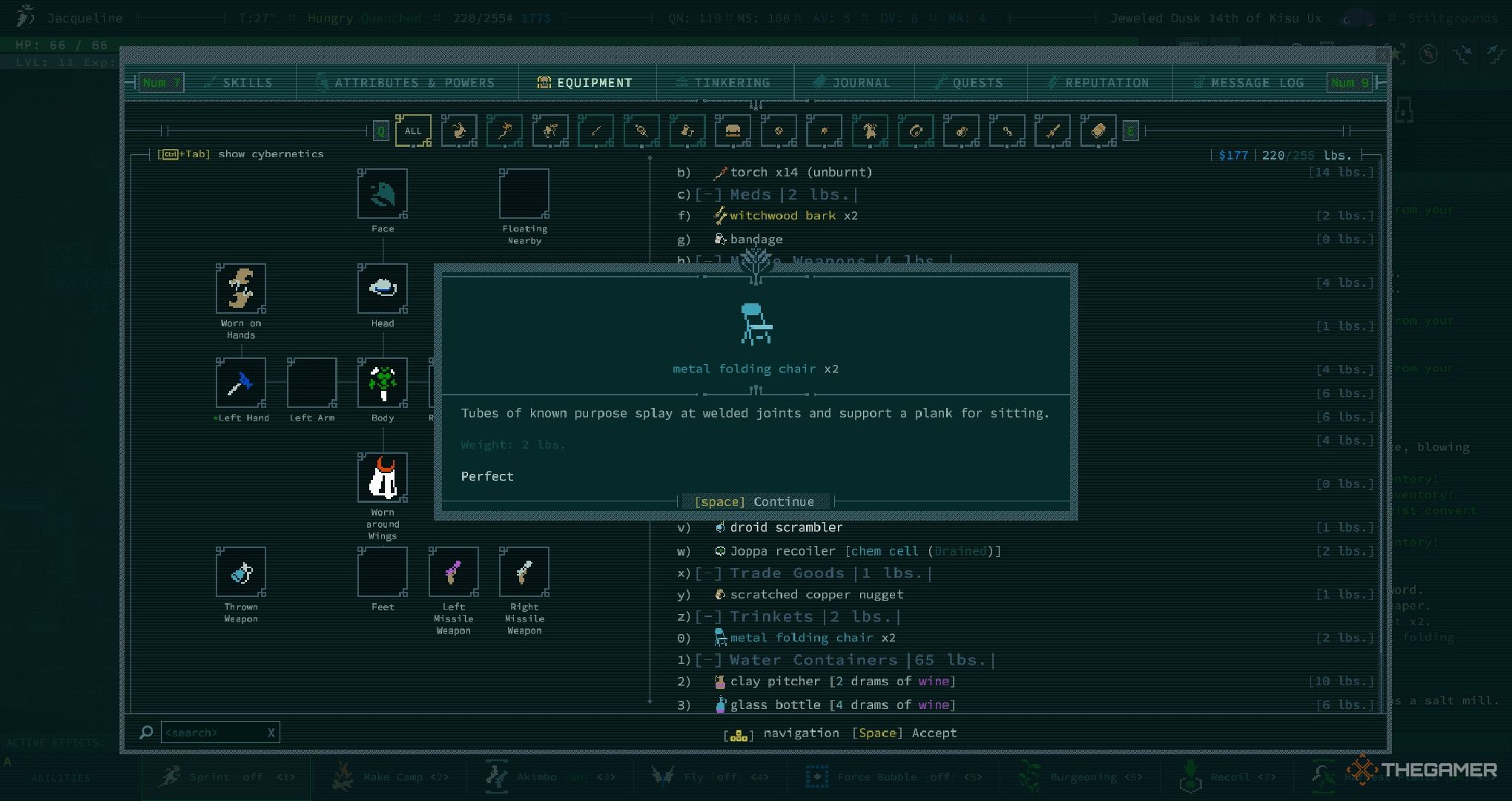 A player looking at a metal chair in Caves of Qud.