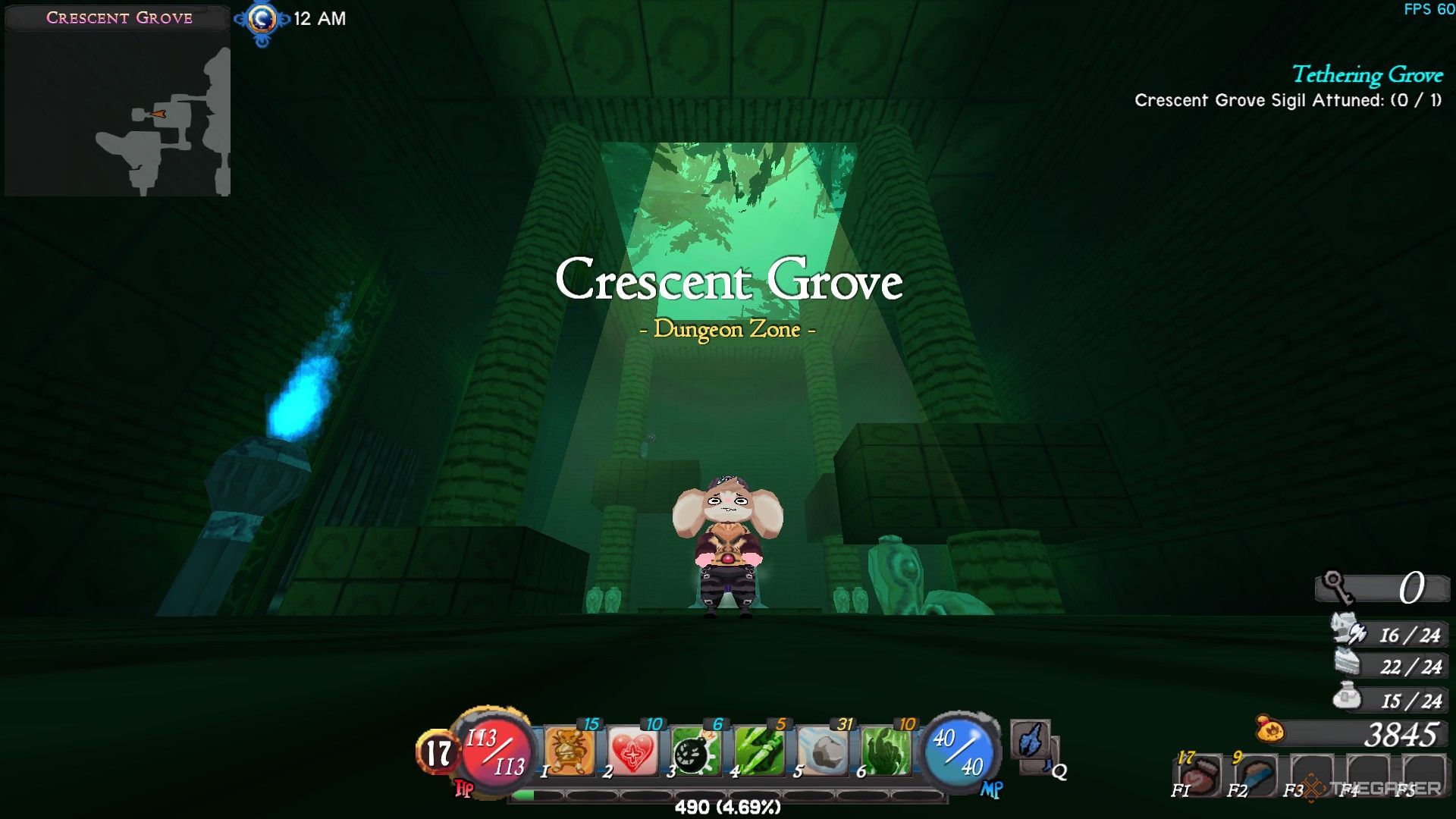 The image shows that the player has just arrived in the Crescent Grove Dungeon in Atlyss.