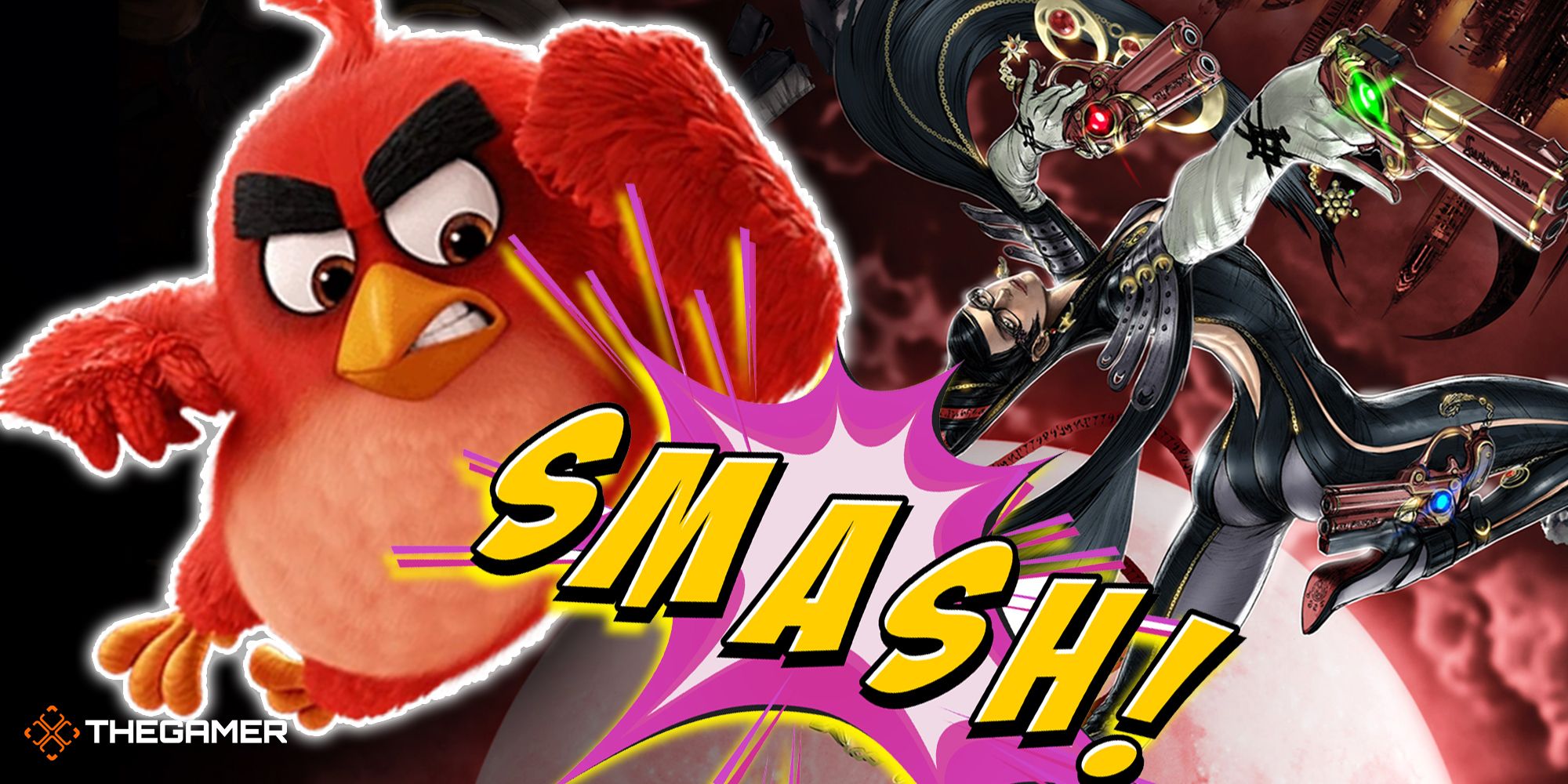 Red from Angry Birds next to Bayonetta