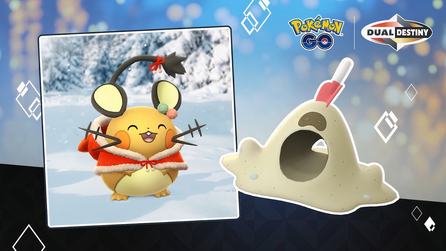 Image of Dedenne wearing holiday attire and Sandygast.