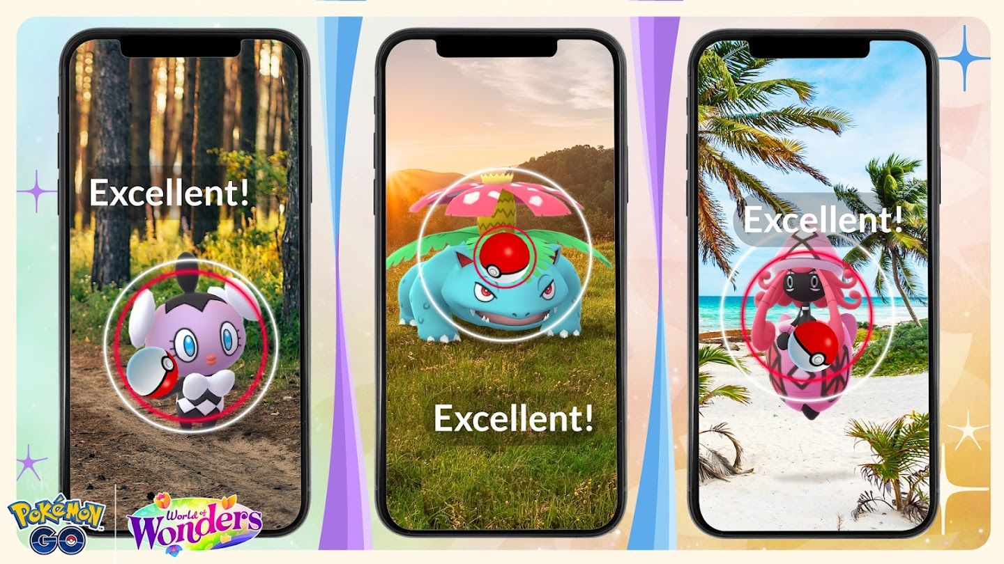 Image of three phone screens, with Gothita, Venusaur, and Tapu Lele getting caught with excellent throws.