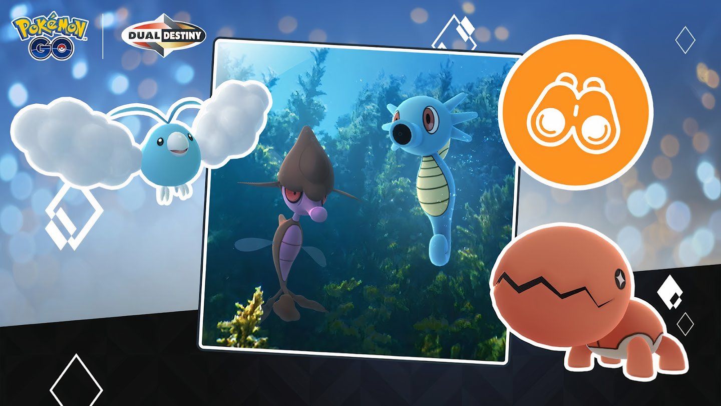 Image of Skrelp and Horsea with Swablu, Trapinch, and the Field Research symbol around them.