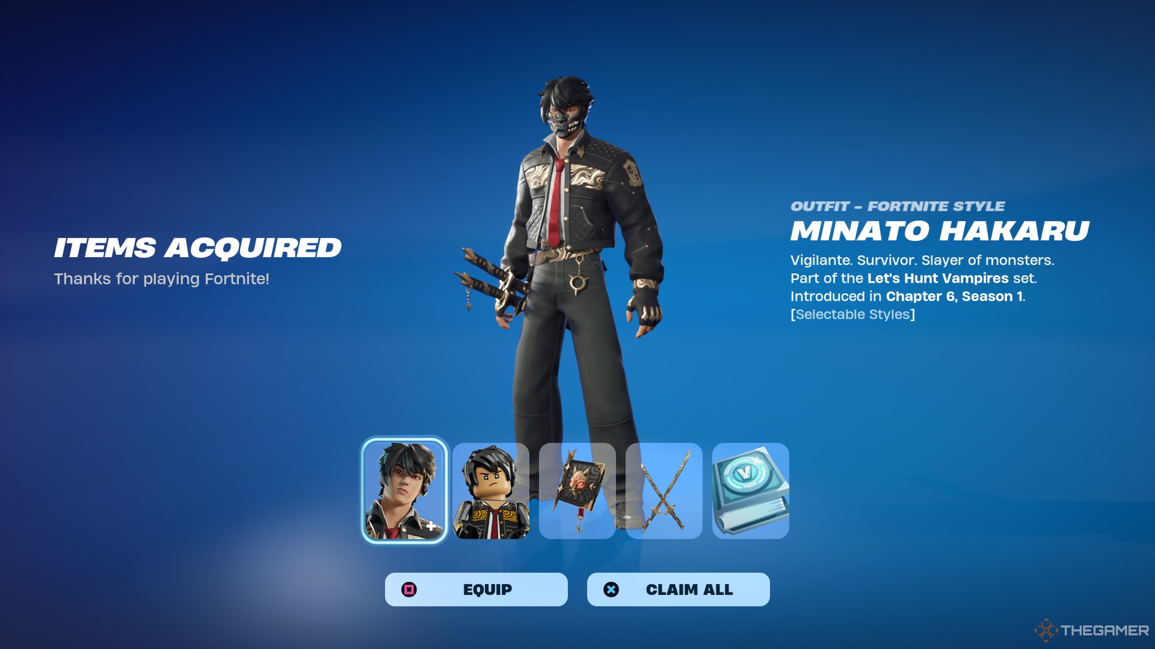 The Minato Hakaru skin and other items in the Let's Hunt Vampires Quest Pack in Fortnite.