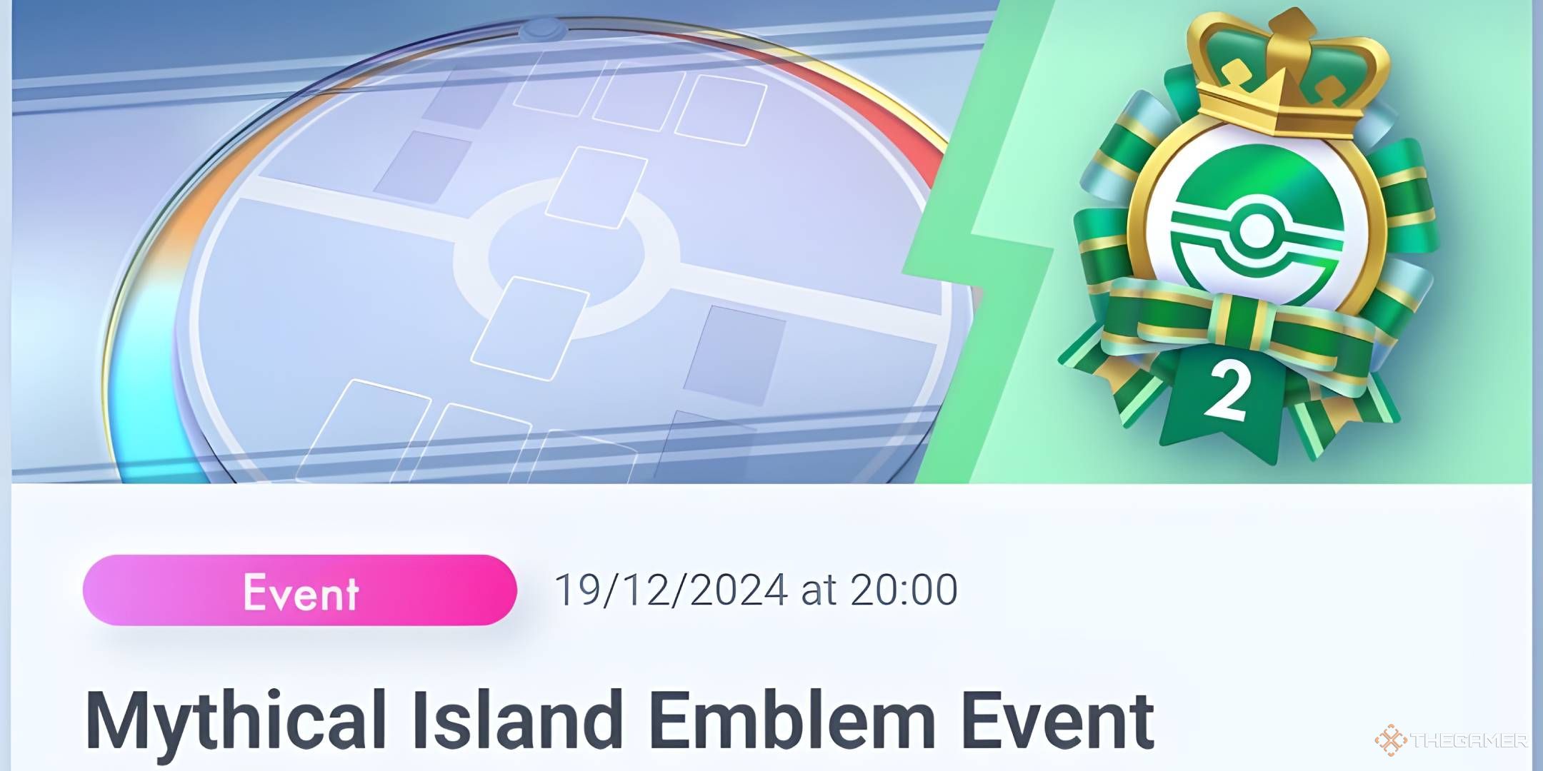 The notification popup for the Mythical Island Emblem Event, showing the gold emblem and a start time of 8:00 PM, December 19 2024.