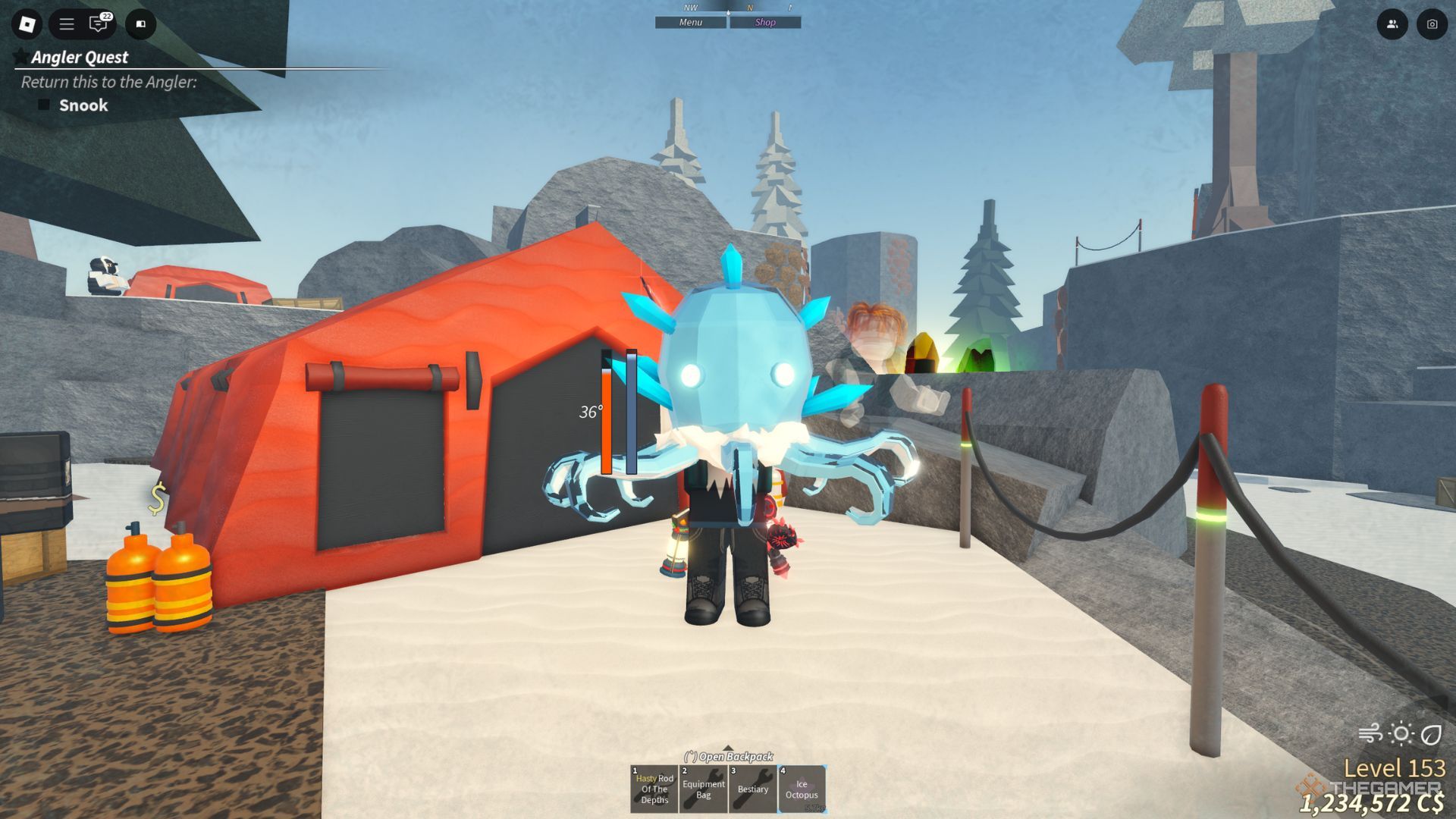 The player character holding Ice Octopus with his hands while smiling in Fisch.