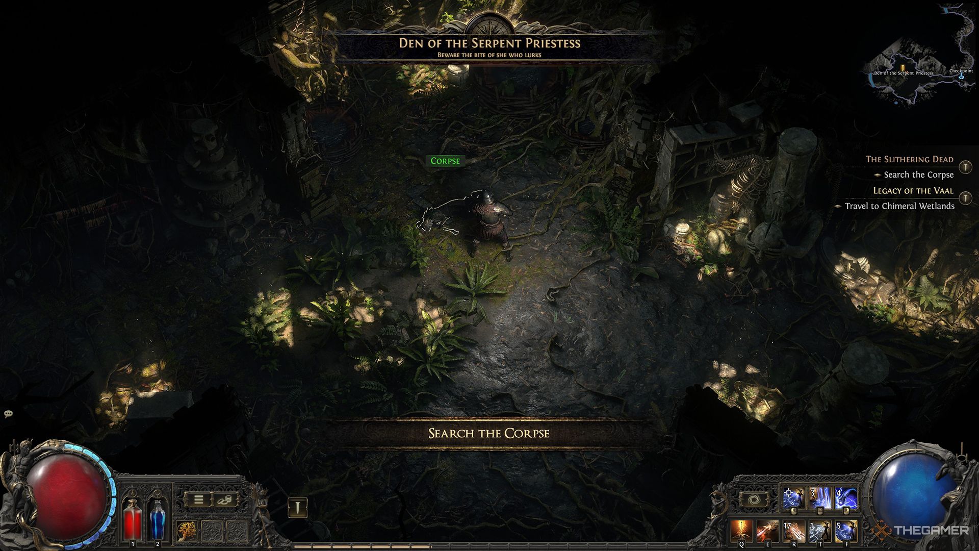 The player searching the corpse for the venom in the depths of the Venom Crypts.