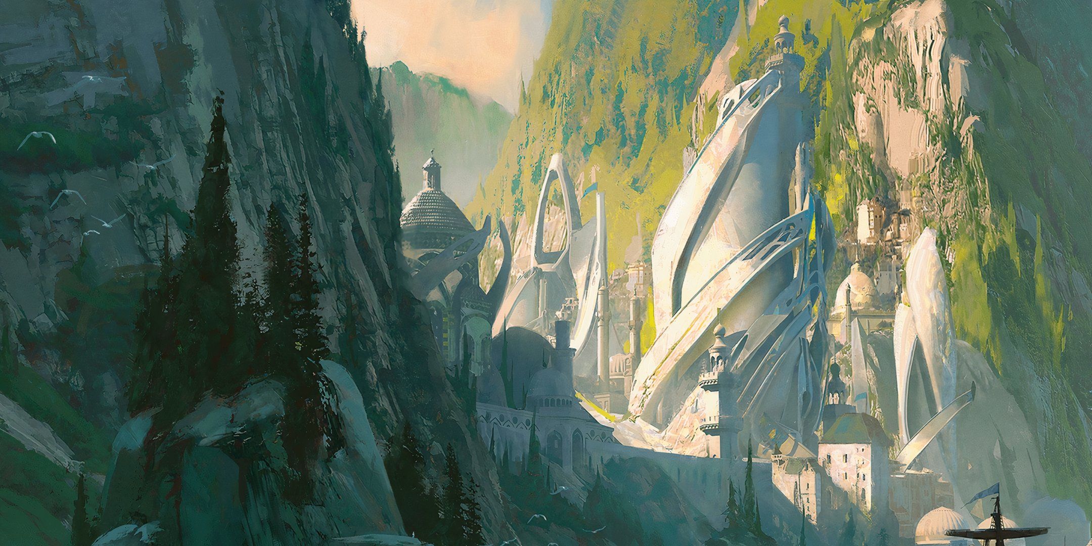 A tall ivory tower in an elven city nestled in between mountains in Dungeon & Dragons.