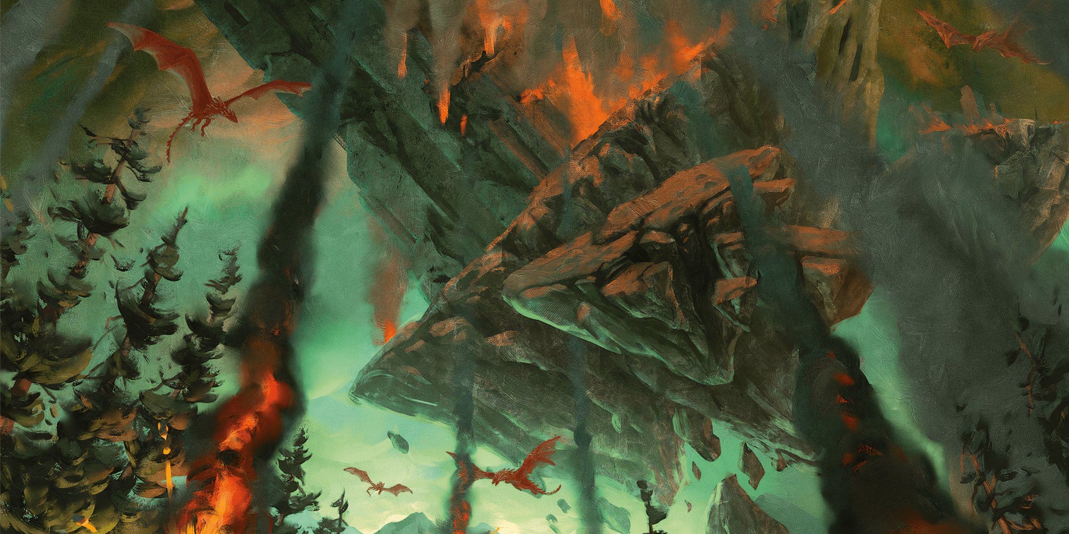 A large rock-like fortress falls from the sky in flames in Dungeons & Dragons. 