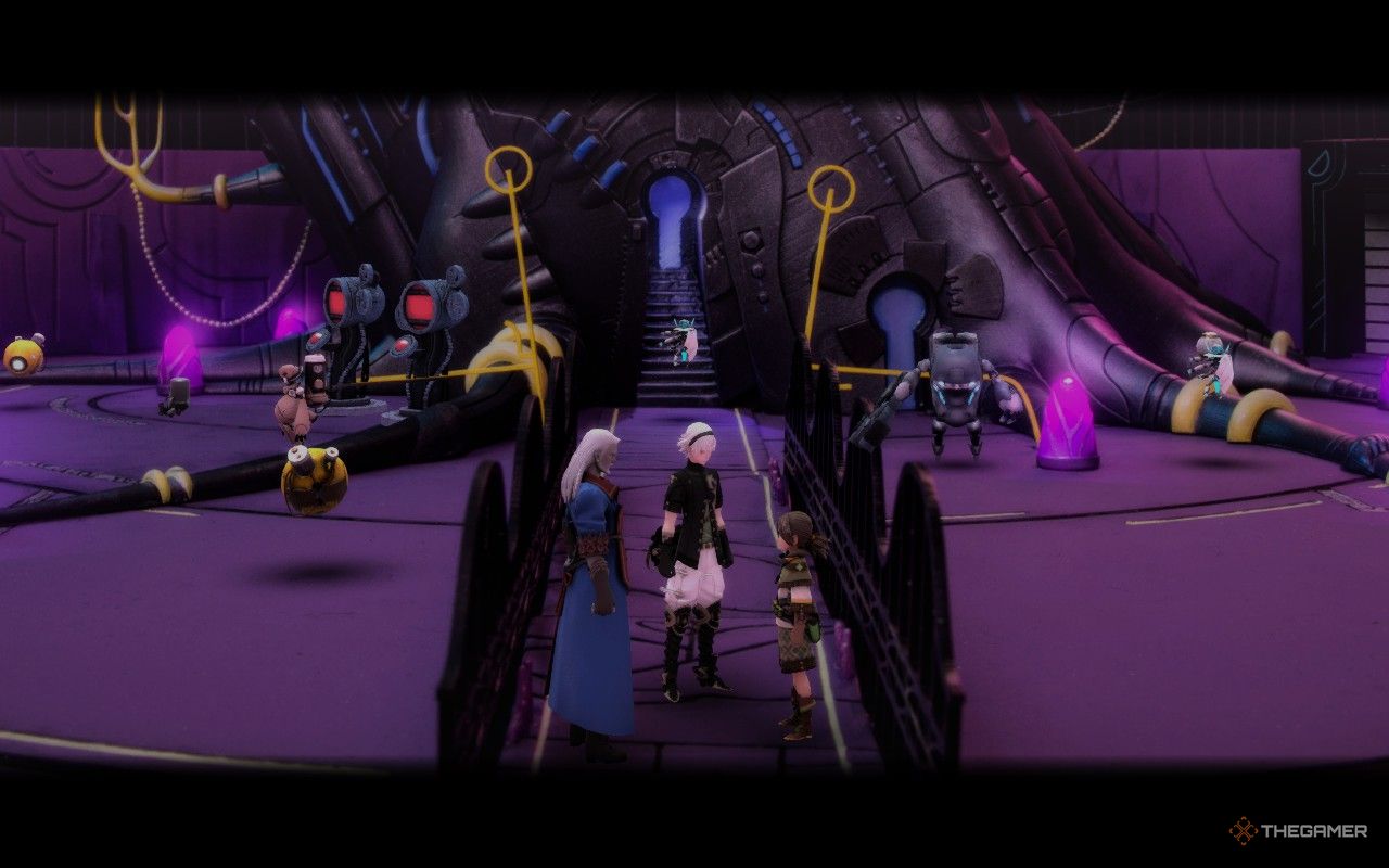 Leo, Zinikr, and Ez in the secret base of the machine world in Fantasian neo dimension.