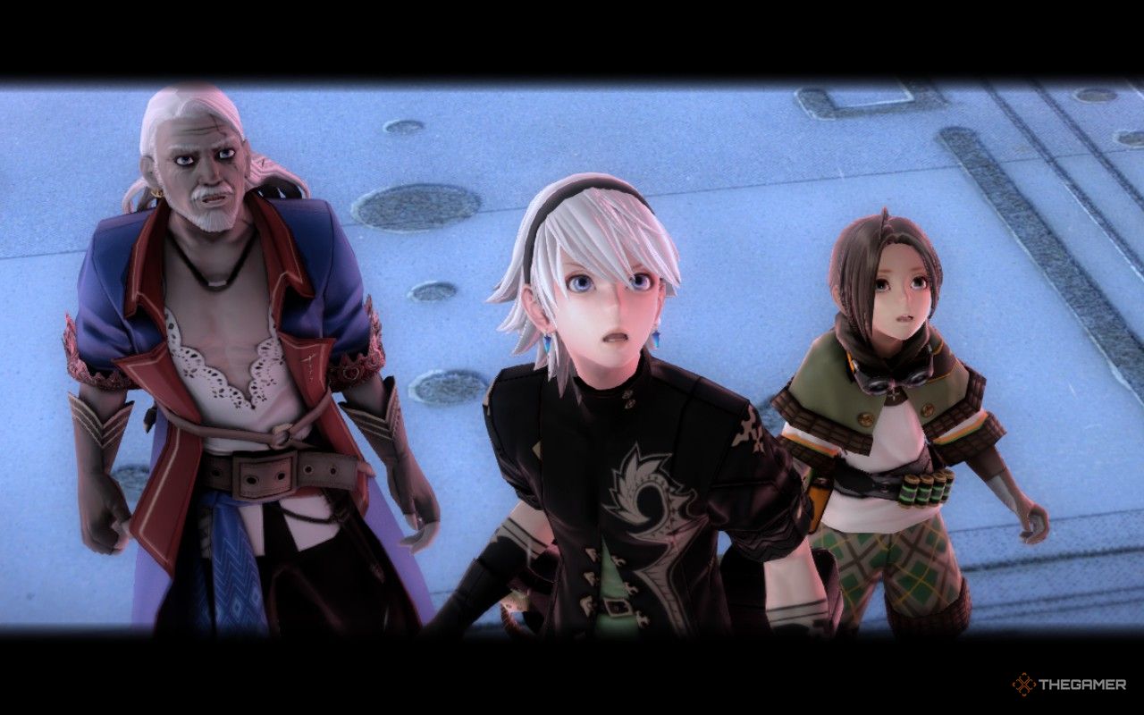 Leo, Zinikr, and Ez looking upwards with astonishment in fantasian neo dimension.