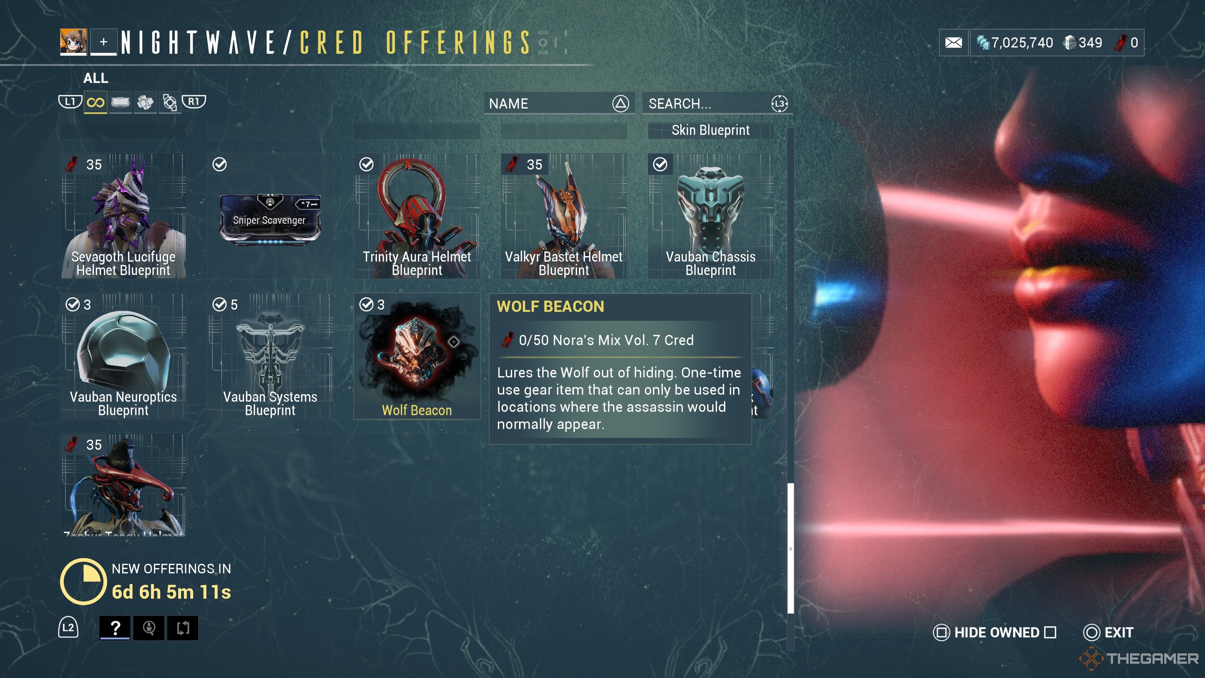 Image of the Cred Offerings store with the player hovering over the option to purchase Wolf Beacons which cost 50 credits each.