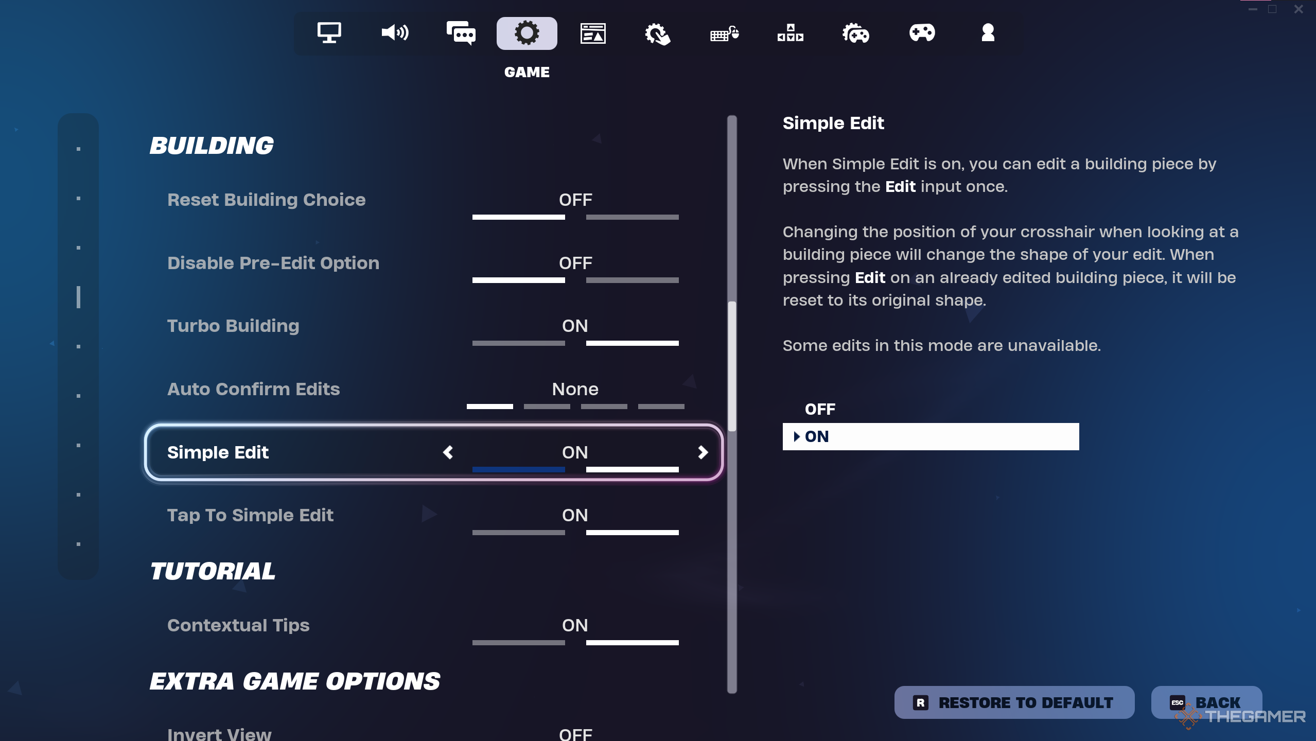 A photo of the Simple Edit toggle in Fortnite's build settings.