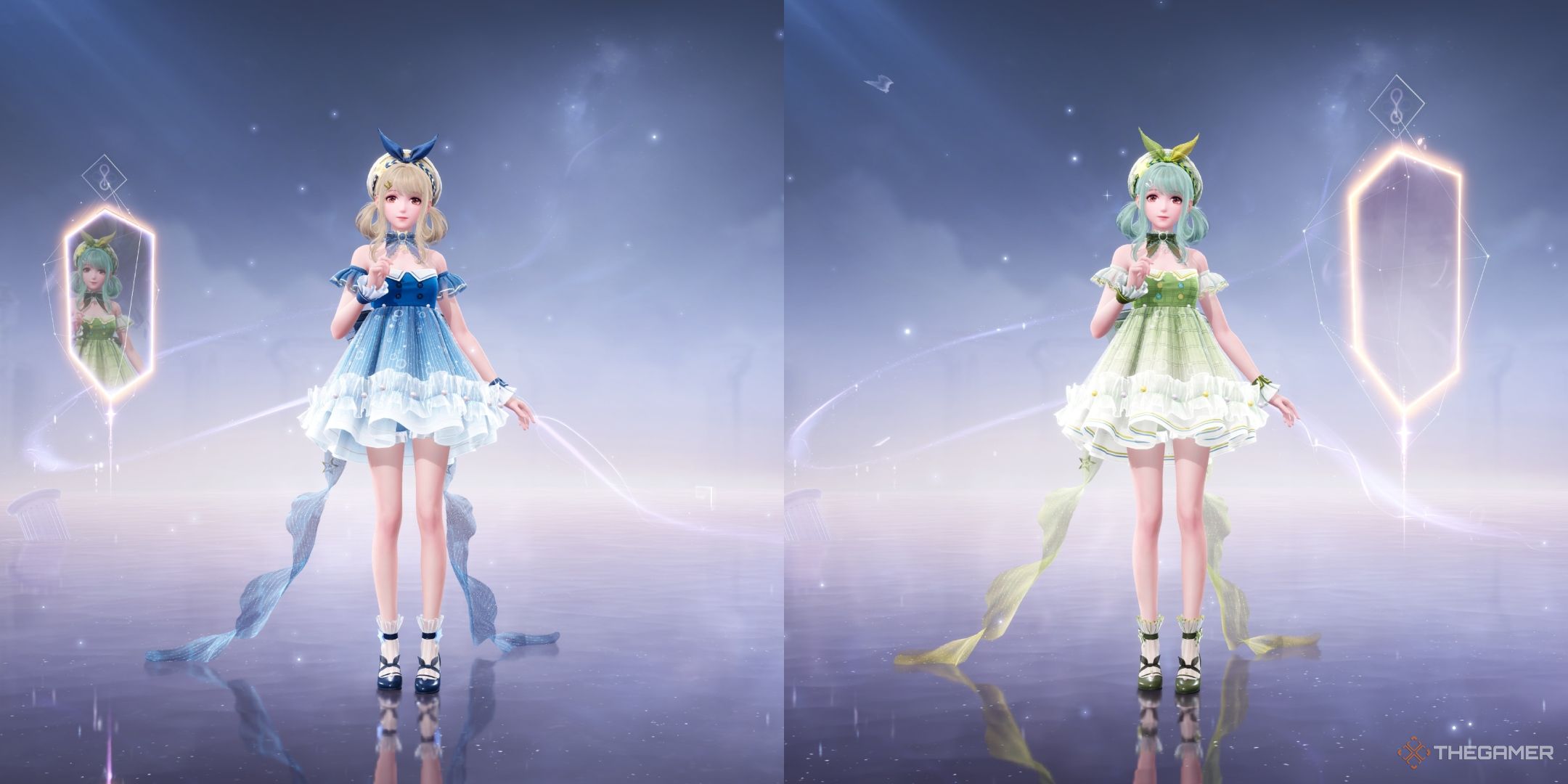 Nikki wearing the blue and green version of the floating outfit in Infinity Nikki