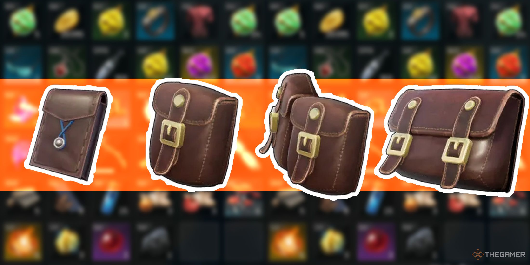 Four different-sized pouches lined up side by side against a blurred inventory background in Palworld