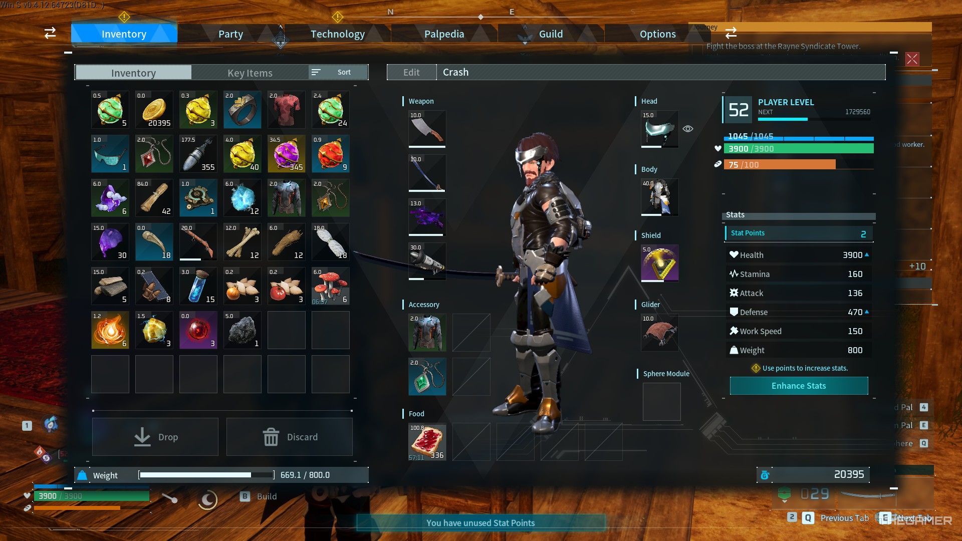 The player's inventory is almost filled with items in Palworld.