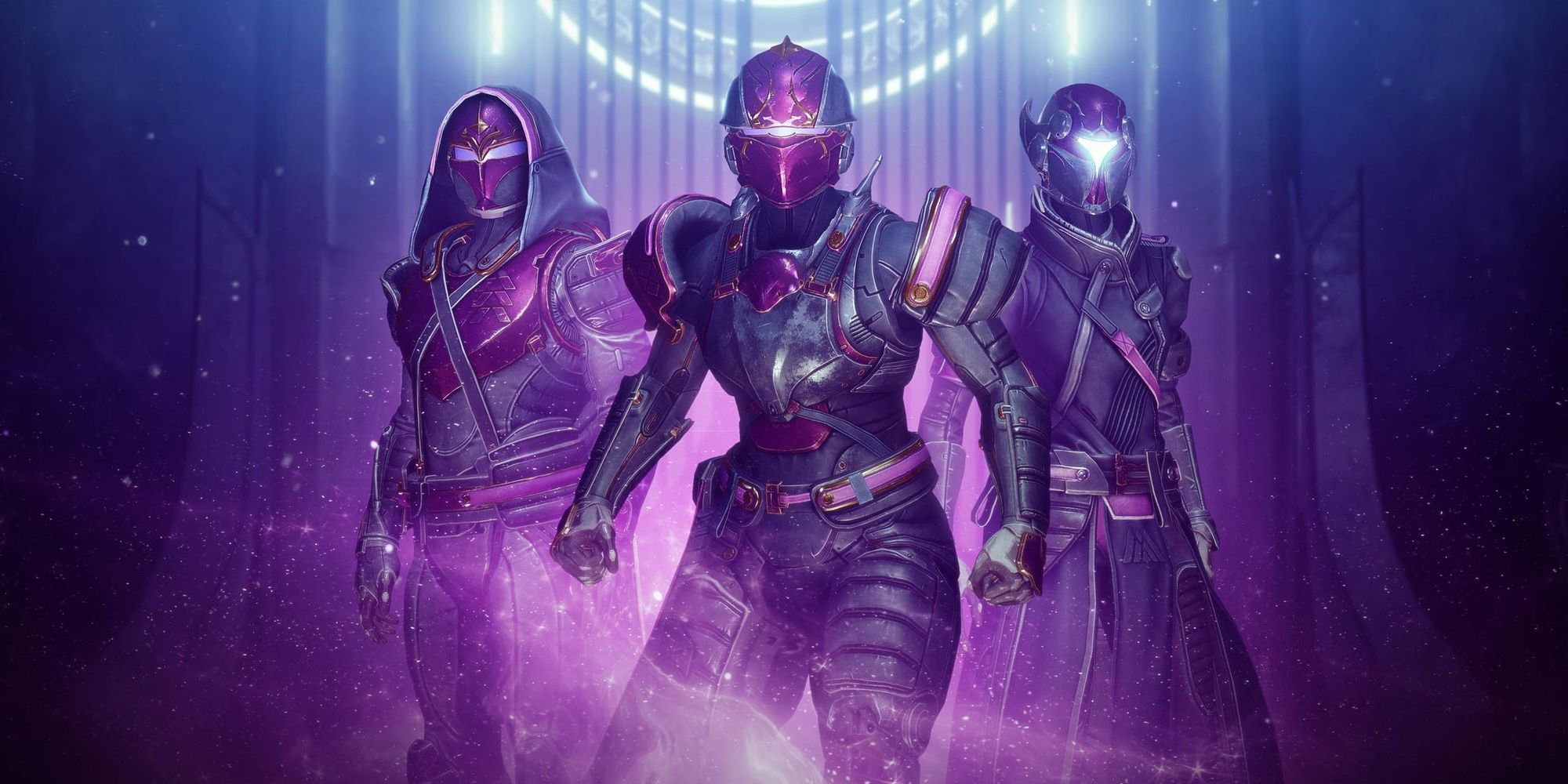 Destiny 2 screenshot featuring a warlock, titan, and hunter guardian all wearing purple armor