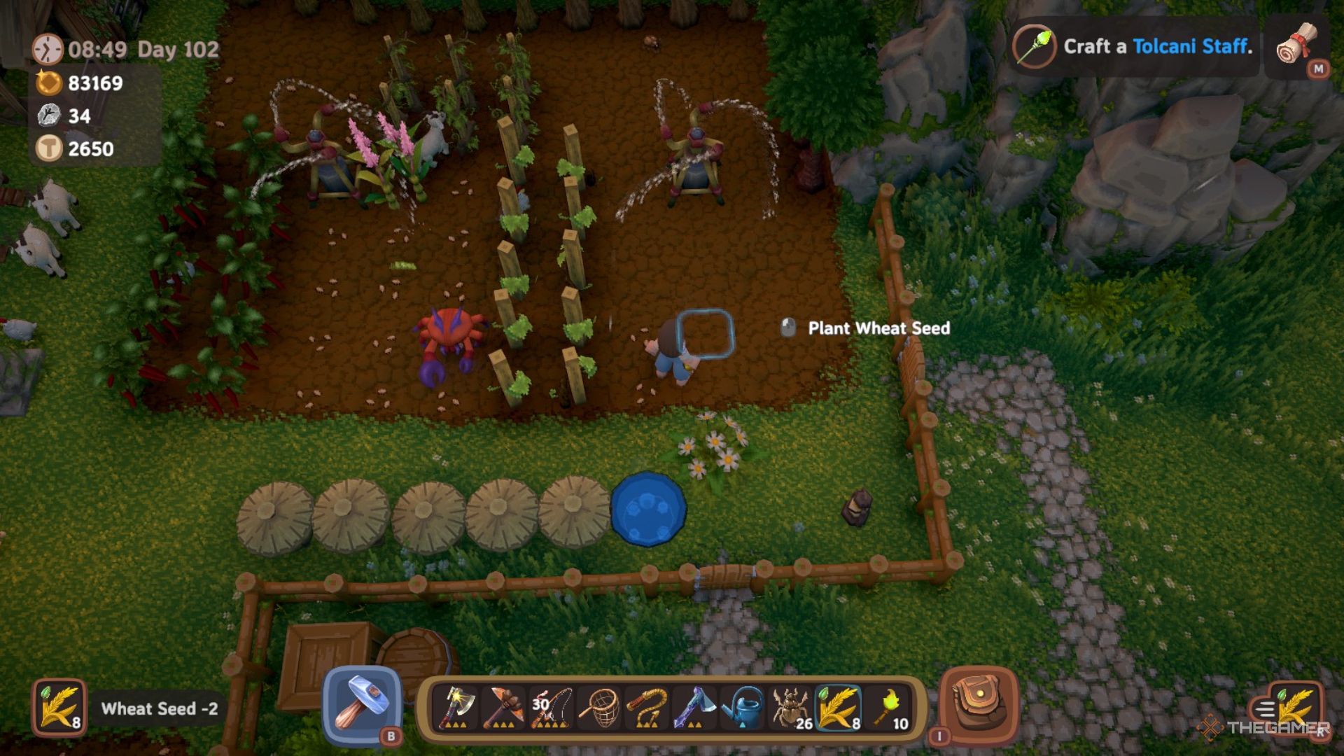 Player character planting Wheat Seeds in a tilled field mostly full of crops while sprinklers go off in Luma Island.