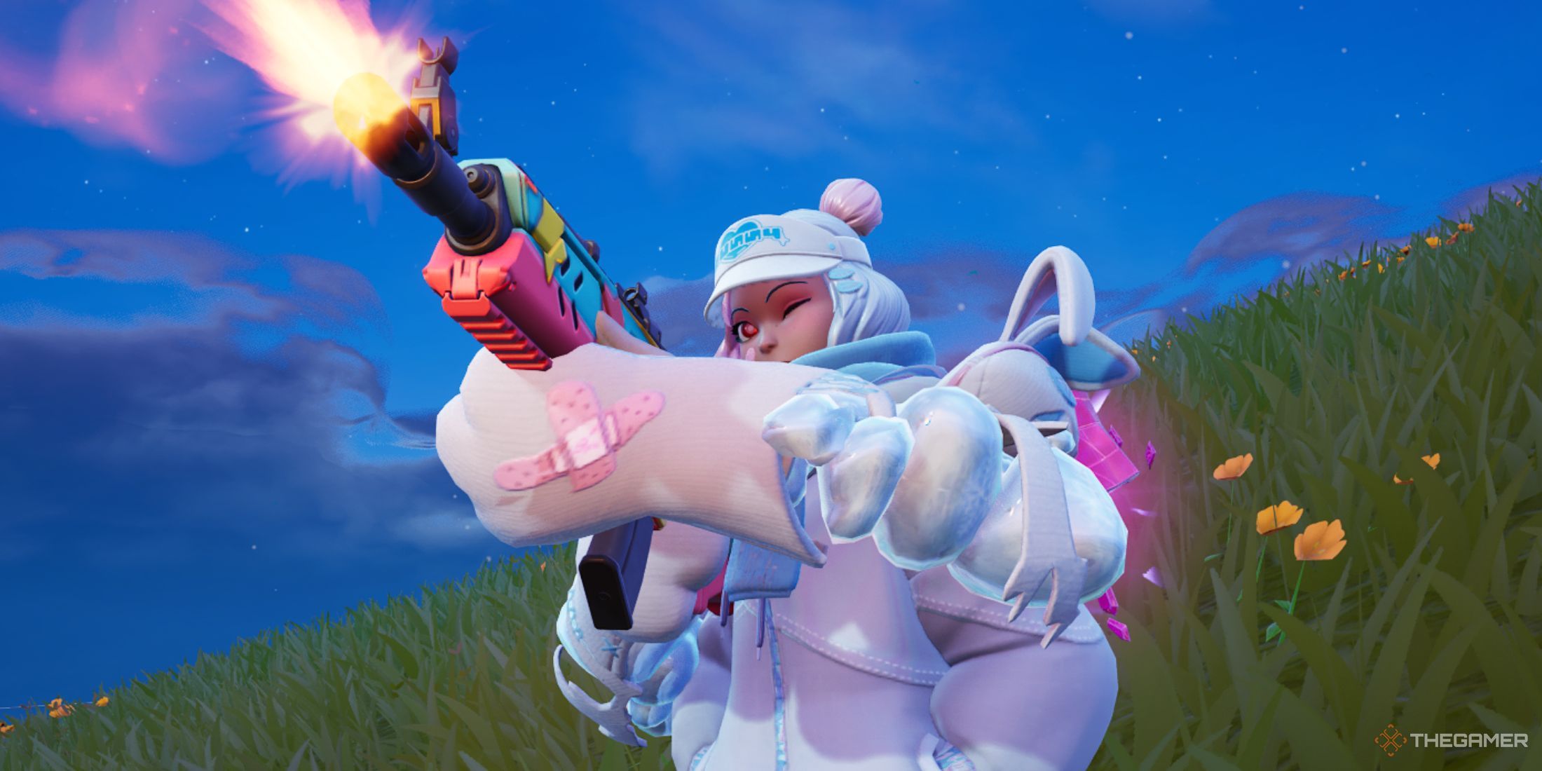 A photo of a character in Fortnite shooting an Assault Rifle.