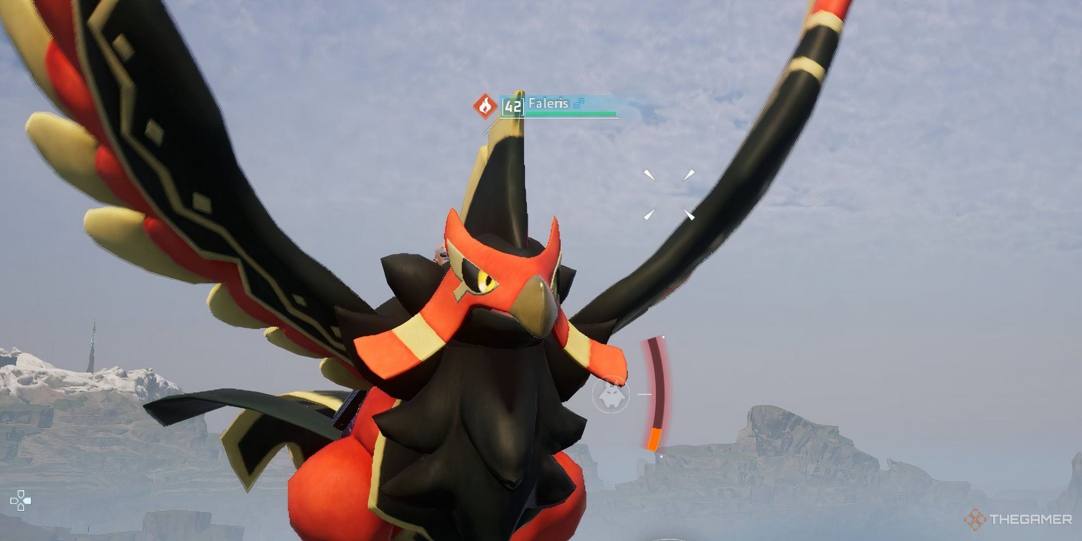 The player is riding Faleris into the sky in Palworld.