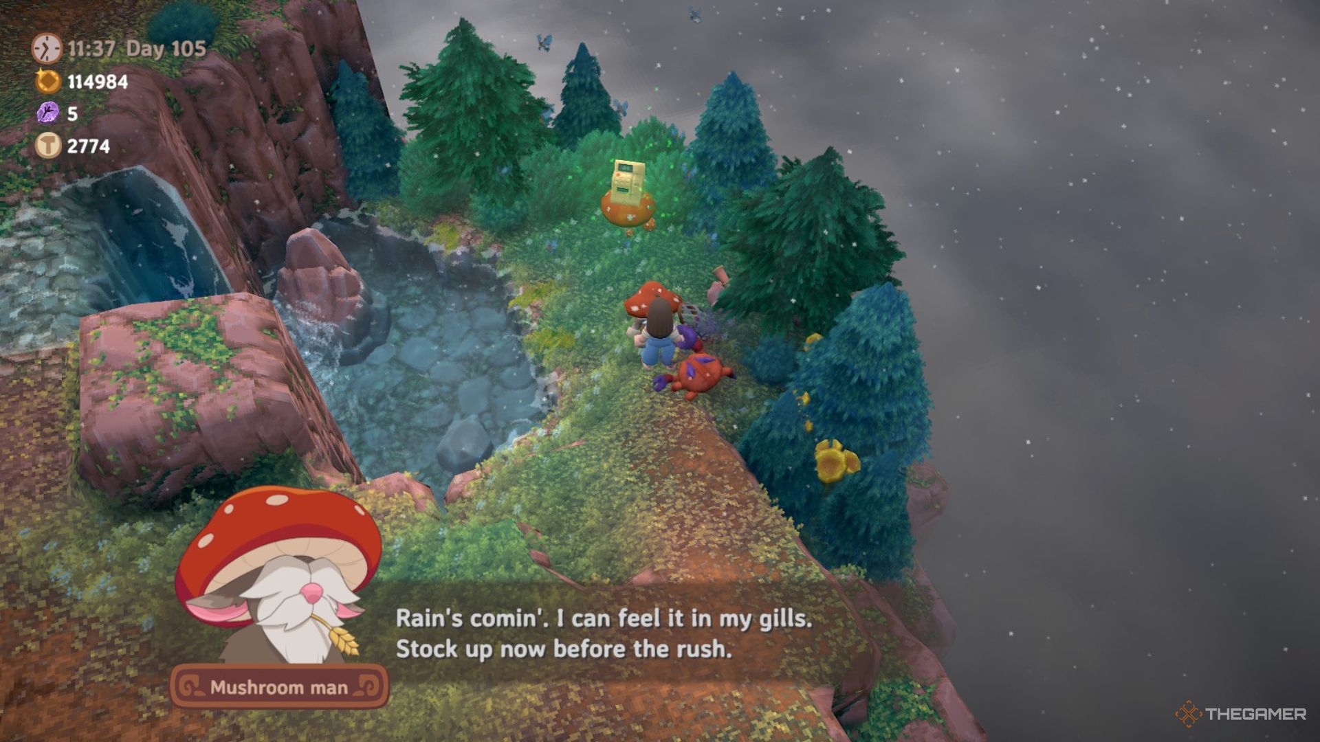 Player character speaking to the Mushroom Man at his Mountain Shop in Luma Island.