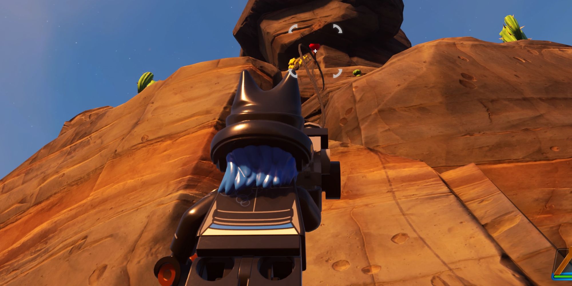 A player using the grappler in Lego Fortnite. 