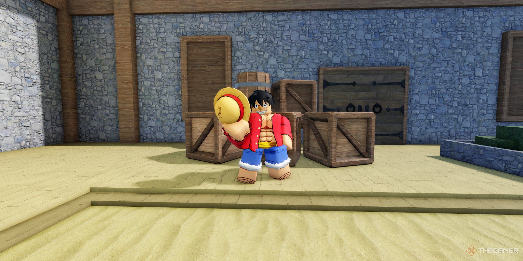 The Luffy NPC in Orange Town, in Roblox: A Universal Time.