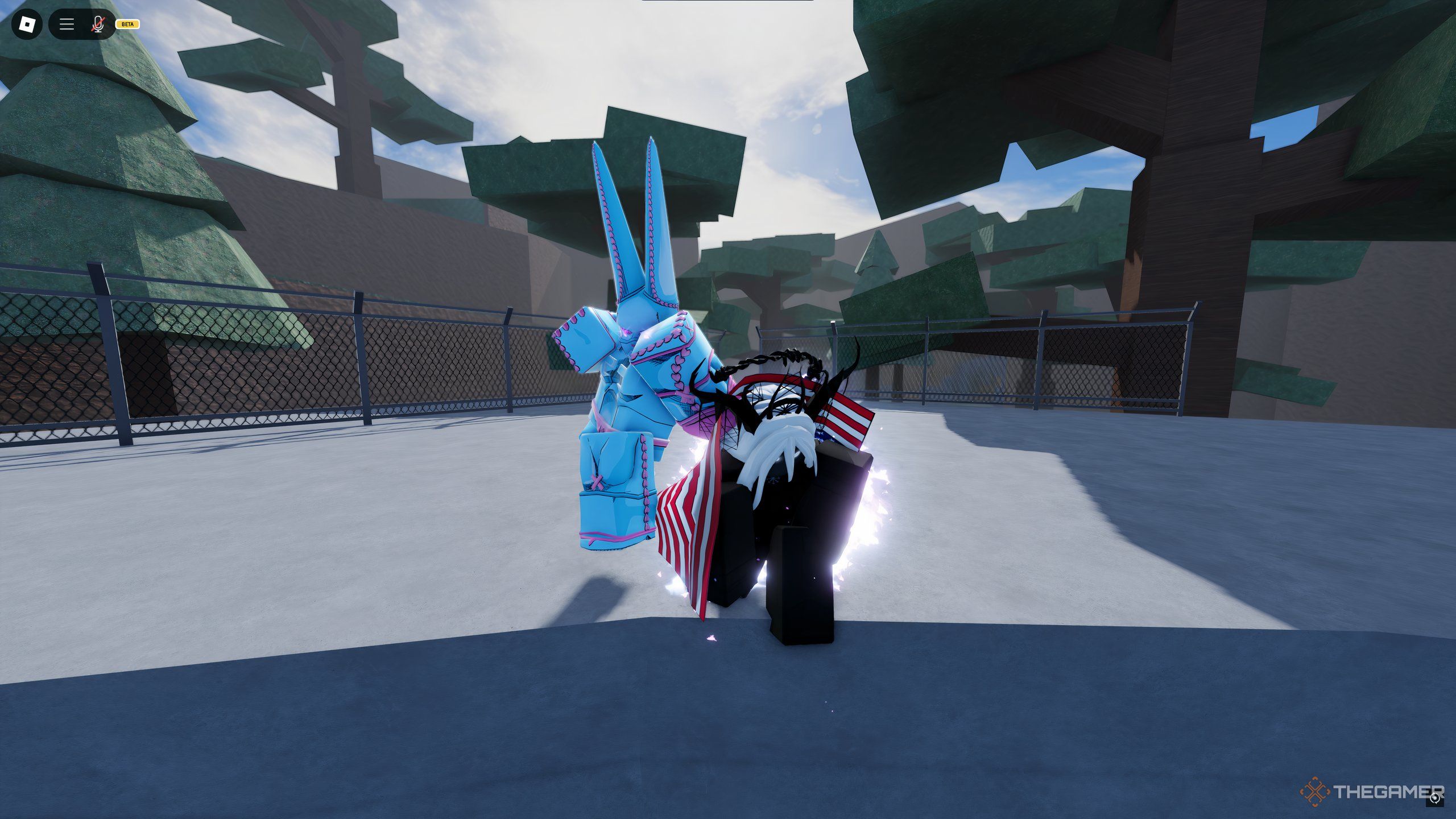 A player, posing with Dirty Deeds Done Dirt Cheap in Roblox: A Universal Time.