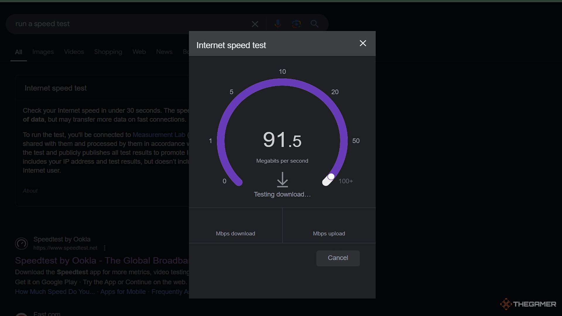 Using Google for internet speed test.